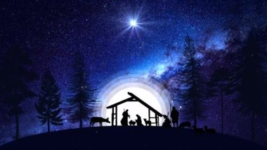 Christmas Scene animation with twinkling stars and nativity characters animated animals and trees. Seamless Loop of Nativity Christmas story under starry sky and moving wispy clouds. 4k