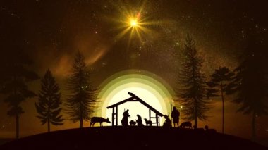 Christmas Scene animation with twinkling stars and nativity characters animated animals and trees. Seamless Loop of Nativity Christmas story under starry sky and moving wispy clouds. 4k