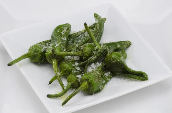 Pimientos verdes fritos. Pimientos del Padrón. Cocina Española . —  Fotos de Stock