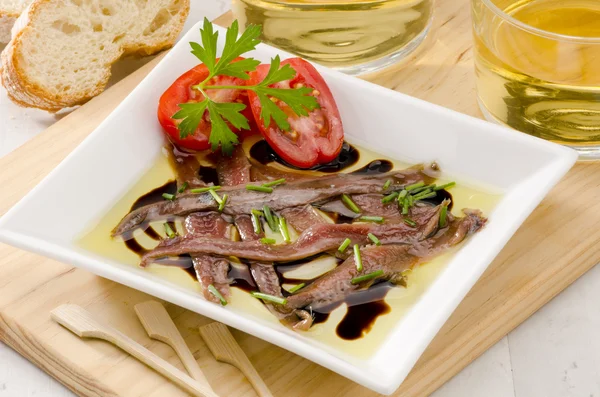 Spanish Cuisine. Marinated anchovies. Anchoas en aceite. — Stock Photo, Image