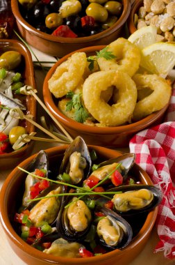 İspanya mutfağı. seramik plakalar üzerinde çeşitli tapas.
