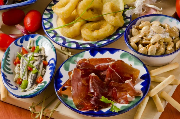 Spanish Cuisine. Assorted tapas on ceramic plates. — Stock Photo, Image