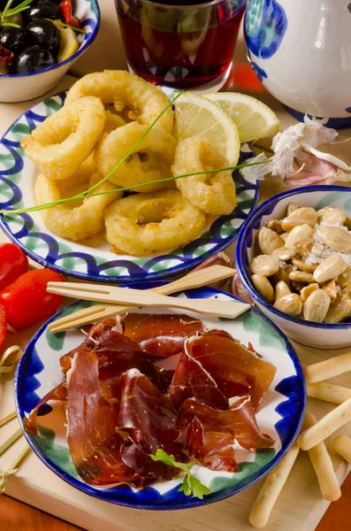 Spanska rätter. Diverse tapas på keramiska plattor. — Stockfoto