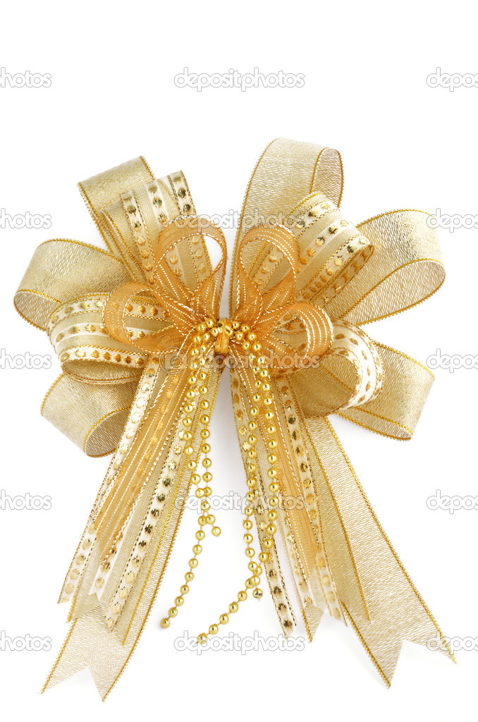 Shiny golden Christmas bow isolated on white