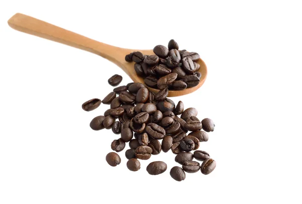 Boabe de cafea cu lingură de lemn — Fotografie, imagine de stoc