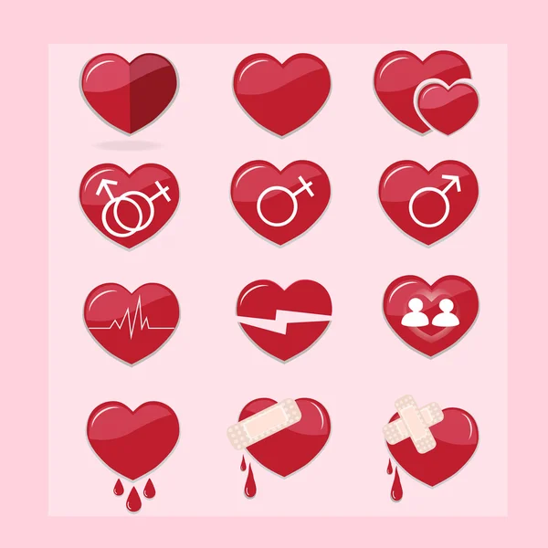 12 uppsättning röda hjärtan-ikonen — Stock vektor