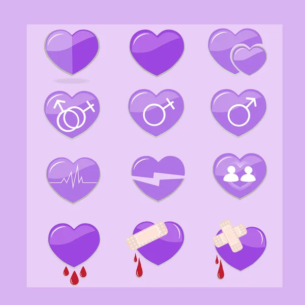 12 uppsättning lila hjärtan ikonen — Stock vektor