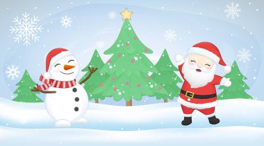 Tatlı Noel Baba ve kışın kardan adam, Noel mevsimi illüstrasyonu