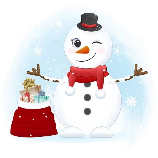 Милий Сніговик Подарункова Сумка Взимку Ілюстрація Різдвяного Сезону — стоковий вектор