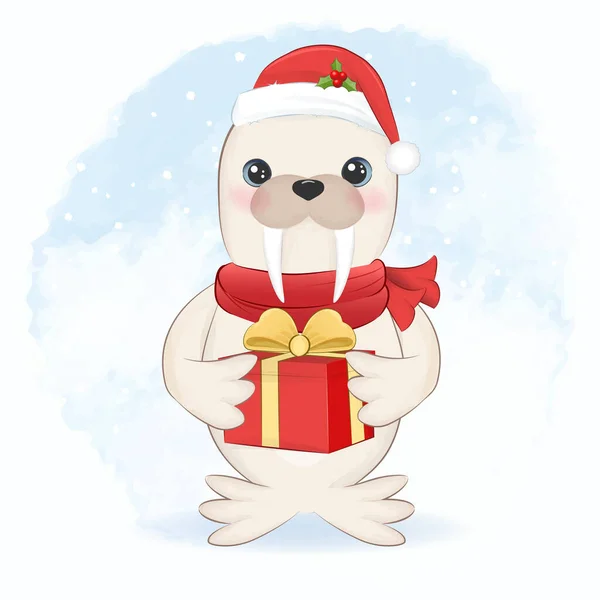 Cute Walrus Gift Box Cartoon Arctic Animal Christmas Illustration — Stock Vector