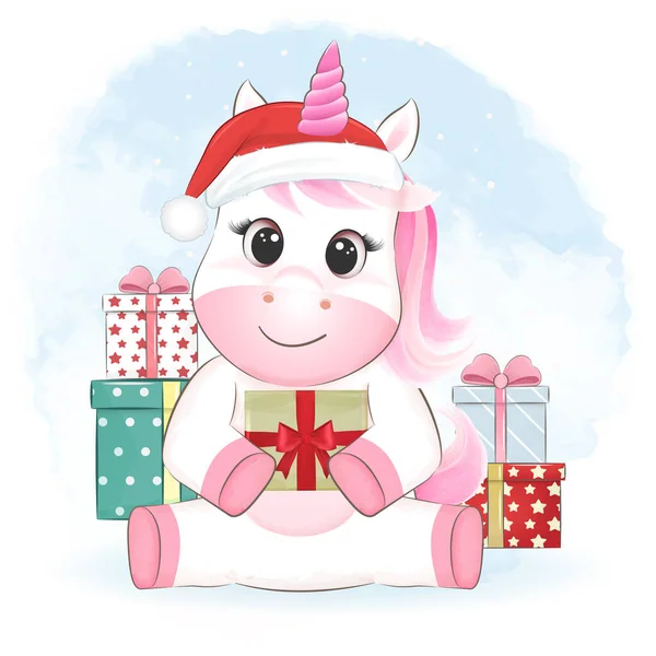 Jolie Petite Licorne Boîte Cadeau Illustration Saison Noël — Image vectorielle