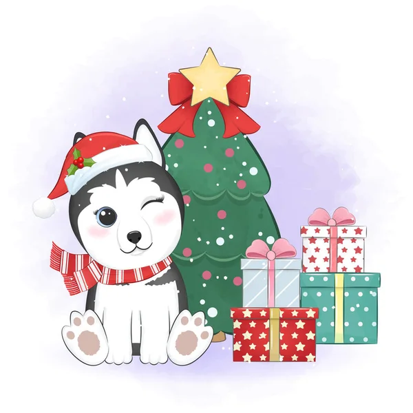 Cão Husky Siberiano Bonito Caixa Presente Com Árvore Natal Natal —  Vetores de Stock