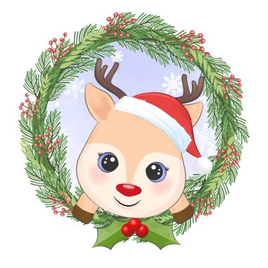 Sevimli küçük geyik ve çelenk, Noel mevsimi illüstrasyonu.