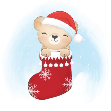 Çoraptaki küçük sevimli ayı. Noel mevsimi çizimi