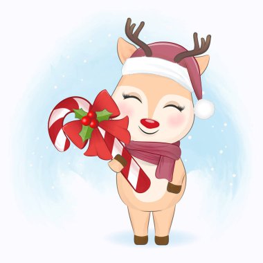 Sevimli küçük geyik ve şeker kamışı Noel çizimi.