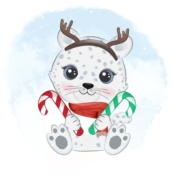 かわいい雪のヒョウとキャンディーの杖 クリスマスシーズンイラスト — ストックベクタ