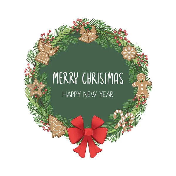 Weihnachtskranz Und Lebkuchen Frohe Weihnachten Und Neujahr Illustration — Stockvektor