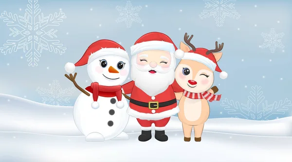 Симпатичный Санта Клаус Снеговик Олень Зимой Иллюстрация Рождественского Сезона — стоковый вектор