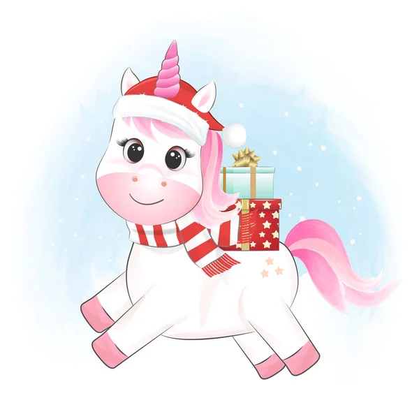 Lindo Unicornio Caja Regalo Ilustración Navidad — Vector de stock