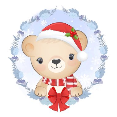 Şirin Ayı ve Çelenk Noel eli, hayvanları suluboya resimle çizmiş.