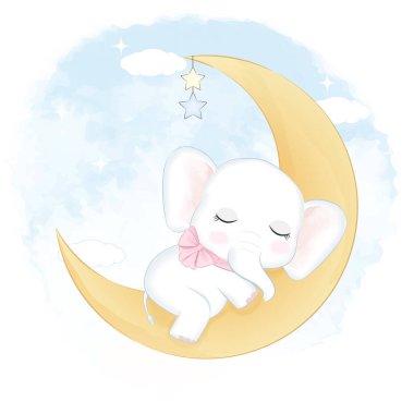 Ay 'da uyuyan tatlı fil suluboya arka planda