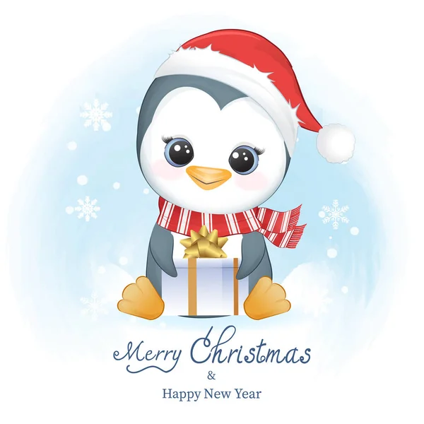 Netter Pinguin Und Geschenkbox Winter Weihnachtsillustration — Stockvektor