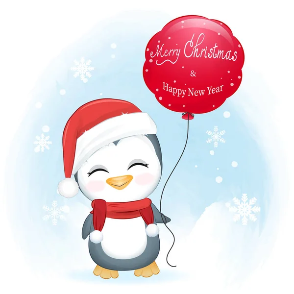 Niedlicher Pinguin Und Roter Ballon Winter Weihnachtsillustration — Stockvektor