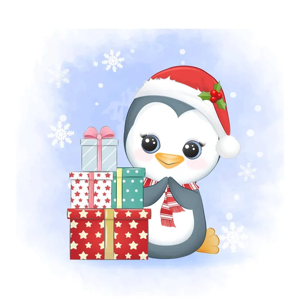 Mignon Pingouin Avec Boîte Cadeau Hiver Illustration Noël — Image vectorielle