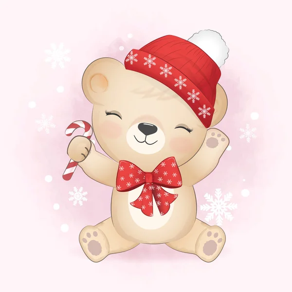 Niedlichen Kleinen Bären Und Zuckerrohr Weihnachtszeit Illustration — Stockvektor