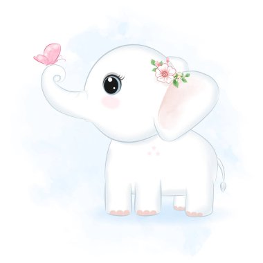 Cute little Elephant and butterfly hand drawn illustration