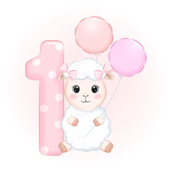 Cute Little Sheep First Birthday Party Happy Birthday Year Old — Stockvektor