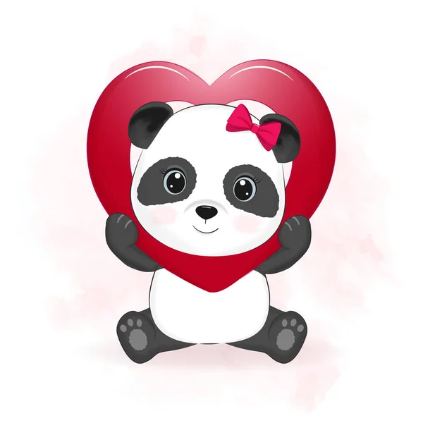 Cute Panda Heart Valentine Day Concept Illustration — 스톡 벡터