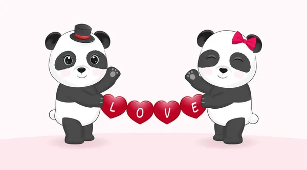 Linda Pareja Panda Día San Valentín Del Corazón Concepto Ilustración — Vector de stock