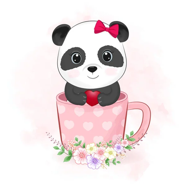 Mignon Panda Tasse Café Bouquet Illustration Concept Saint Valentin — Image vectorielle