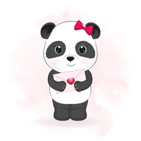 Cute Panda Love Letter Valentine Day Concept Illustration — Stock Vector