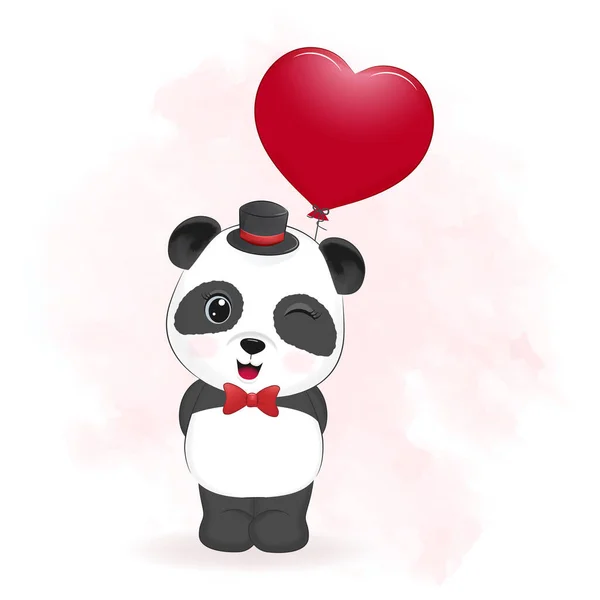 Cute Panda Heart Balloon Valentine Day Concept Illustration — Stock vektor