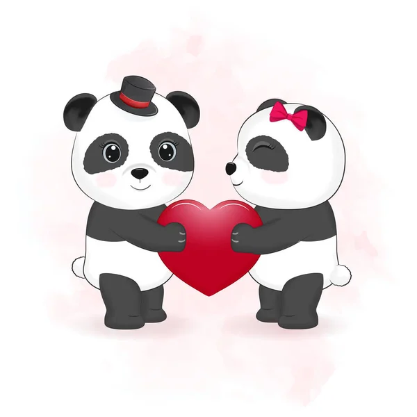 Cute Couple Panda Heart Valentine Day Concept Illustration — стоковый вектор