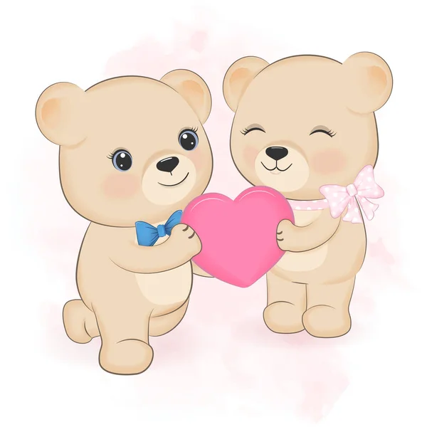 Cute Couple Teddy Bear Heart Valentine Day Concept Illustration — Vettoriale Stock