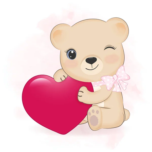 Cute Little Bear Heart Valentine Day Concept Illustration — Vetor de Stock