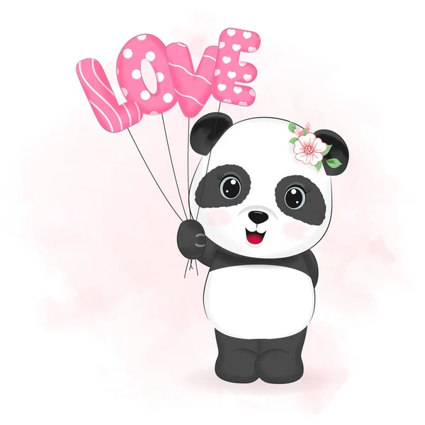Χαριτωμένο Panda Και Μπαλόνι Απεικόνιση Έννοια Ημέρα Του Αγίου Βαλεντίνου — Διανυσματικό Αρχείο