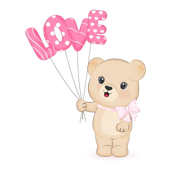 Cute Bear Love Balloon Valentine Day Concept Illustration — Stock Vector