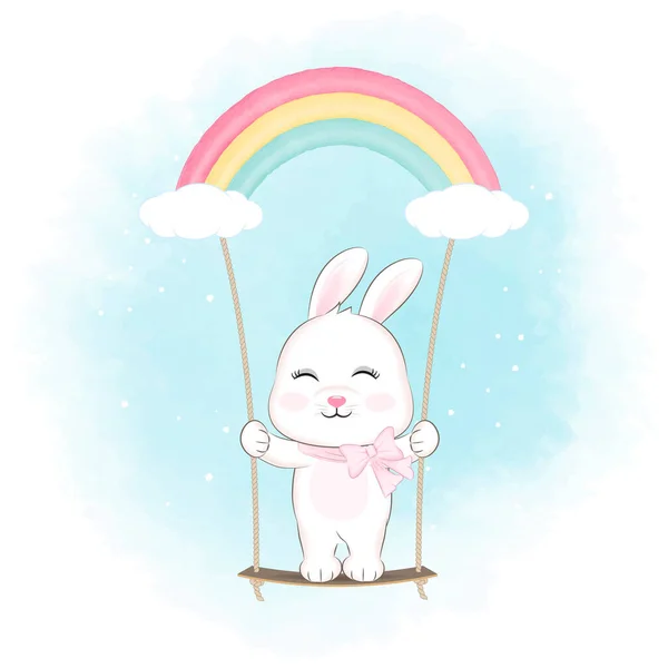 Cute Little Bunny Swing Cartoon Illustration — Vetor de Stock