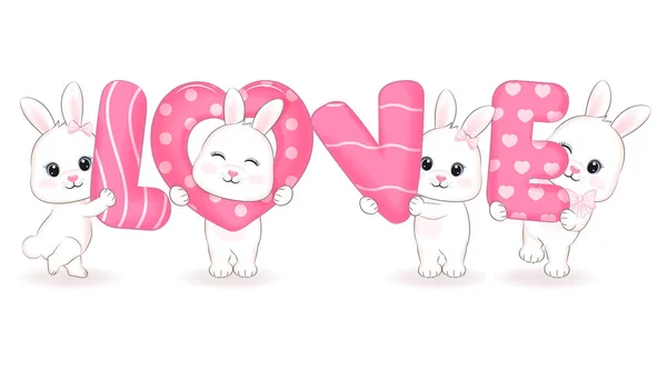 Cute Little Bunny Alphabet Love Cartoon Illustration — Stockvektor