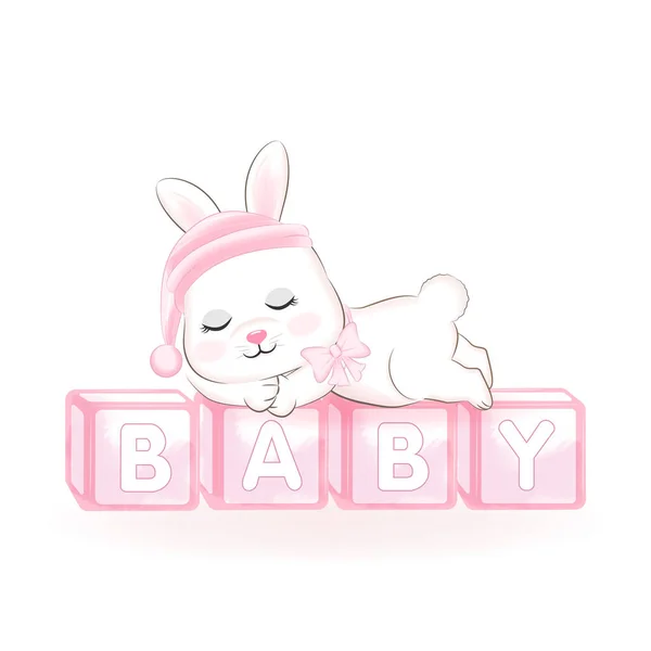 Mignon Petit Lapin Dormir Sur Bébé Jouet Boîte Illustration — Image vectorielle