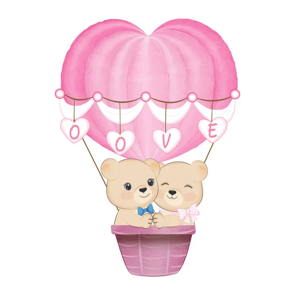 Cute Para Niedźwiedź Balonie Gorące Powietrze Walentynki Koncepcja — Wektor stockowy
