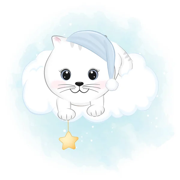 Lindo Pequeño Gato Nube Dibujado Mano Dibujos Animados Animal Acuarela — Vector de stock