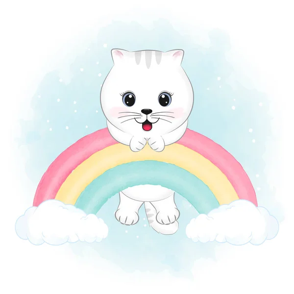 Cute Little White Cat Hanging Therainbow Cartoon Illustration — Stock Vector