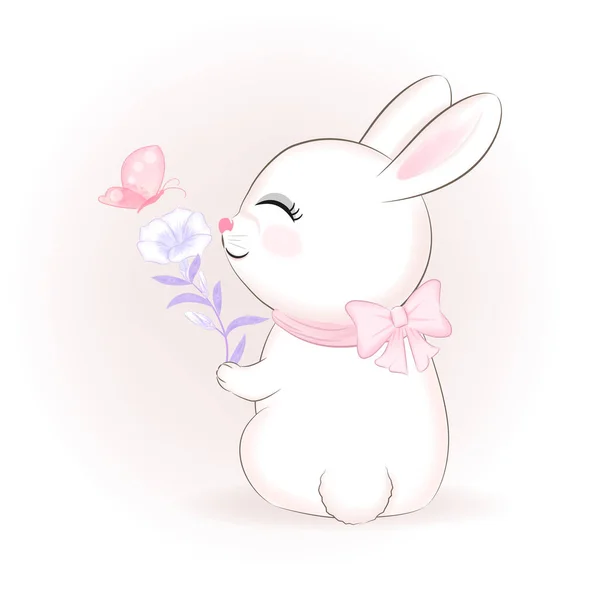 可爱的兔子和花与蝴蝶卡通动物水彩画 — 图库矢量图片