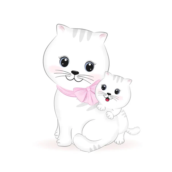 Bonito Mãe Pequeno Gato Animal Cartoon Ilustração — Vetor de Stock