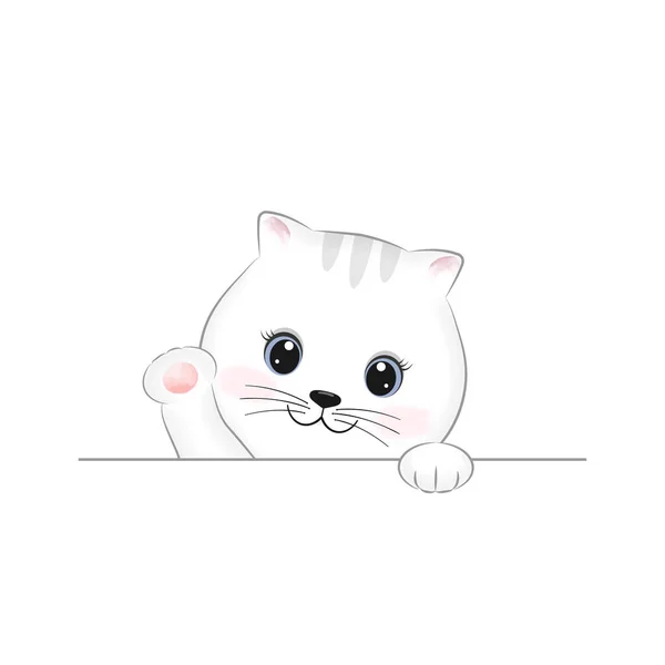 Lindo Pequeño Gato Blanco Agitando Pata Ilustración Dibujos Animados — Vector de stock